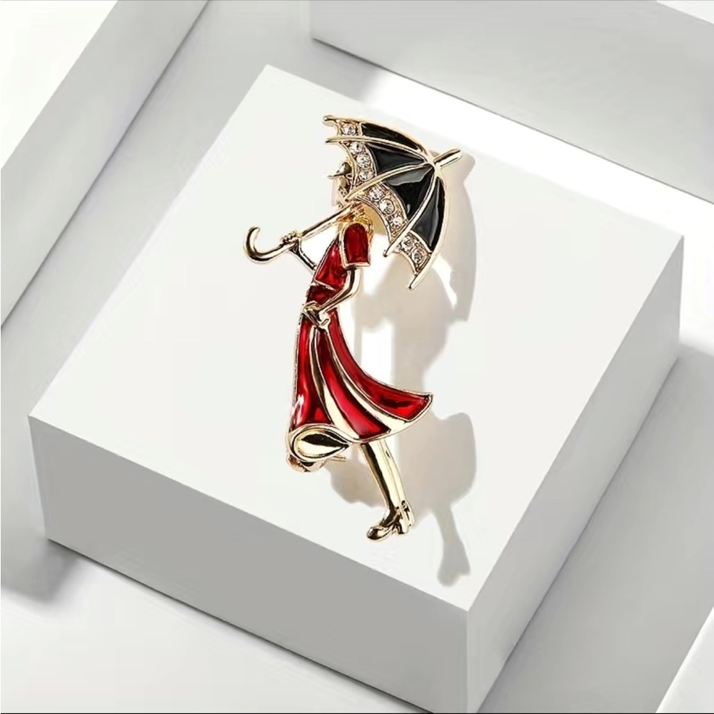Rhinestone Enamel Red Dress Lady Holding Umbrella Badge Brooch Women’s Jewelry